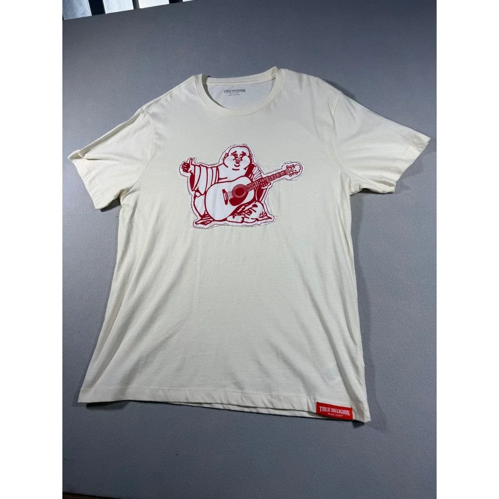 True Religion Mens XL Buddha Guitar Graphic T-Shirt Cream Red Short Sleeve Tee